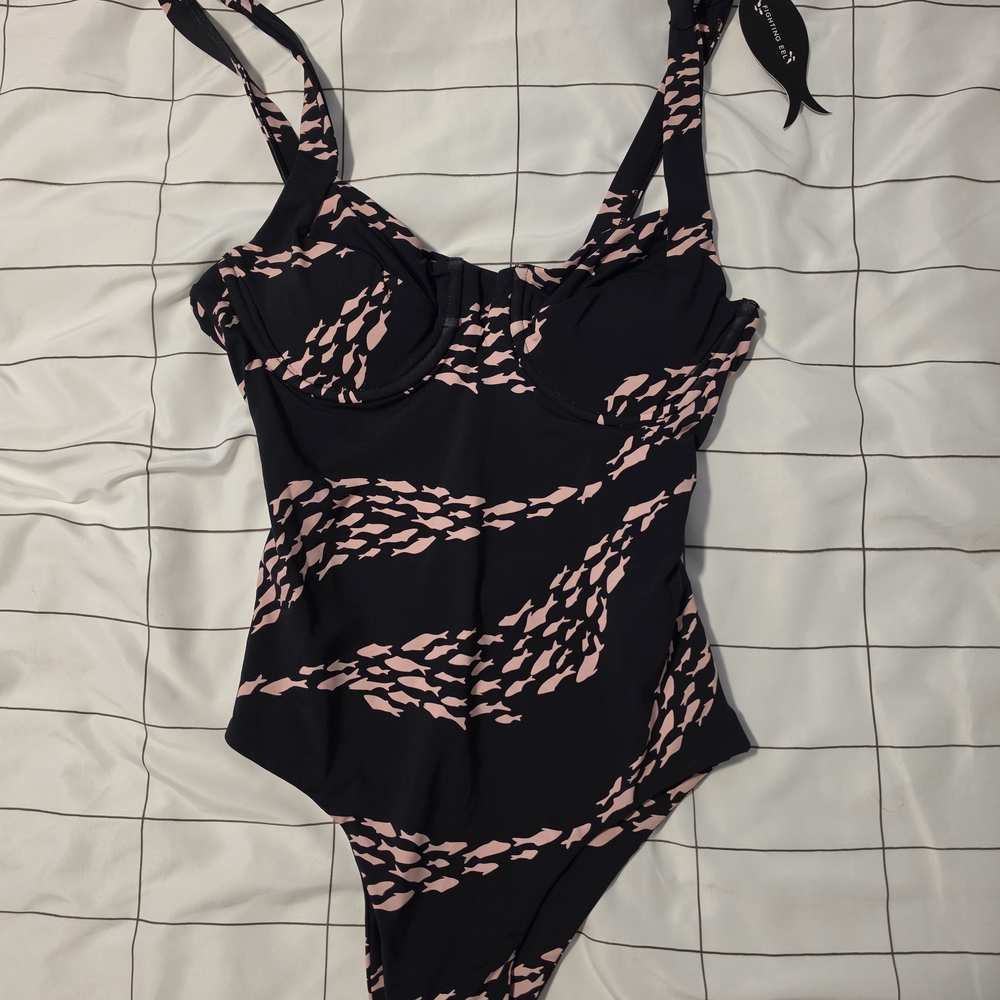 Fighting Eel Black One-Piece Swimsuit with Pink Fish Print